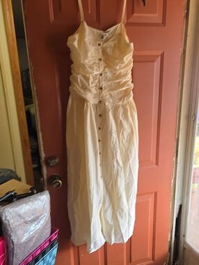 Women's Cream Midi Button-Front Dress with Ruched Bodice